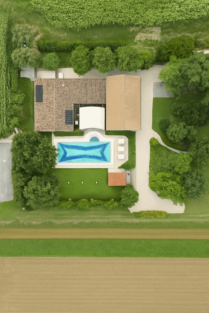 Vista aerea del giardino e piscina di Boutique Hotel in Romagna - Villa Monet